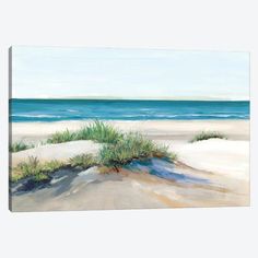 a painting of the beach with grass growing out of it's sand and water