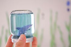 a hand holding a small glass jar with a shark inside