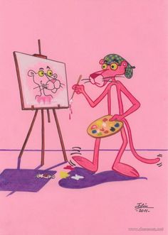 a drawing of a pink cartoon character with an easel and paintbrush in his hand