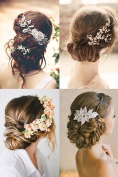 four different hairstyles with flowers in them and the hair pinned up to one side