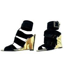 Schutz Gold Metallic Mirror Wedge Black Suede Ankle Strap Sandals A Super Lustrous Gold Mirror Wedge Heel Black Suede Leather Strappy Upper With Wide Ankle Strap And Buckle Closure Open Toe With 4" Wedge Heel Open Toe With Mirror Heel And Ankle Strap With Buckle Closure Leather Upper/Leather And Synthetic Lining/Leather Sole Made In Brazil Sz 36 Eu / 5 Us *New With Box - See Photos & Measurements Blue Wedge Sandals, Blue Wedges, Strappy High Heels, Cork Wedges Sandals, Ankle Strap Wedges, Womens Sandals Wedges, Black Suede Heels, Strappy Sandals Heels, Wedge Heel Sandals