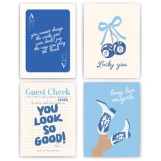 four greeting cards with blue and white designs on the front, one has a hand holding a