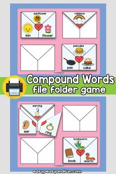 the compound words file folder game is shown in three different colors and font, with an envelope