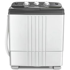 a white and black washing machine on a white background with clippings to the side