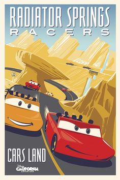 an old poster with two cars driving down the road in front of mountains and trees