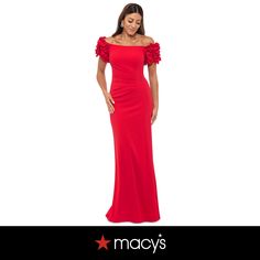 in stock Petite Gowns, Gowns With Sleeves, Ruffle Trim, Dress Details, Red Dress, Ruffles, Off The Shoulder, Shoulder Dress, Pick Up