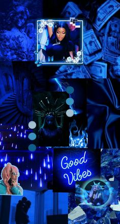 the collage shows blue lights and images from various films, including an image of a woman