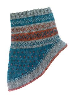 a knitted blue and orange scarf on a white background