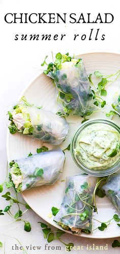 chicken salad summer rolls on a white plate with green vegetables and dip in the middle