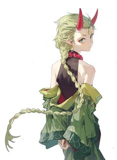 an anime character with horns and green dress