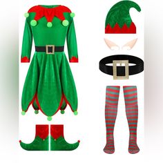 an elf costume and accessories are shown in this image