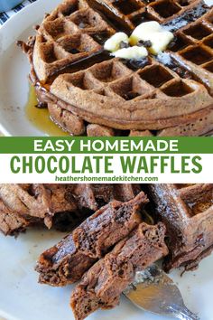 chocolate waffles on a white plate with butter and syrup drizzled over them