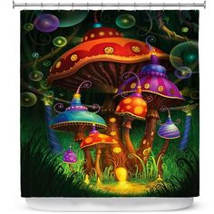 a painting of three mushrooms in the grass with bubbles coming out of their tops shower curtain