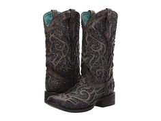 Corral Boots C3484 - Women's Boots : Black : Give yourself a reason to dress up with the western inspired Corral Boots C3484 boots. Western boots crafted in smooth leather. Intricate leather overlays with decorative crystals. Sturdy leather pull-tabs for easy on-and-off. Comfortable leather lining. Cushioned leather insole for lasting comfort. Snip toe with a stacked heel. Scoured leather outsole with rubber heel cap for traction. Imported. Measurements: Heel Height: 1 1 2 in Weight: 1 lb 10 oz Embellished Leather Boots With Snip Toe, Embellished Snip Toe Boots For Fall, Fall Embellished Snip Toe Boots, Western Leather Embellished Boots, Western Style Embellished Leather Boots, Western Embellished Snip Toe Boots, Rhinestone Boots With Round Toe For Rodeo, Western Snip Toe Boots With Rhinestones, Western Boots With Rhinestones And Snip Toe