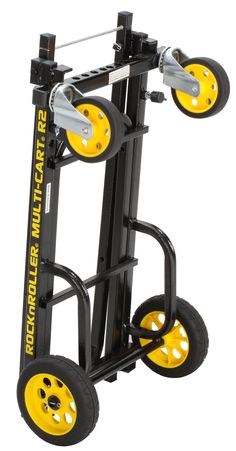 a black and yellow cart with wheels on it