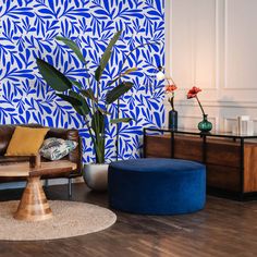 a living room with blue and white wallpaper, two round foot stools and a plant in the corner