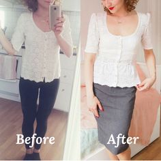 before and after photos of a woman's white blouse with lace detailing, she is looking at her cell phone