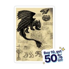 a sticker with an image of a black dragon on it's back and the words, buy 10 get 50 % off