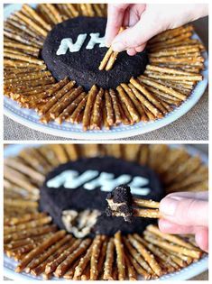 two pictures showing how to make a diy cracker and pretzel wreath