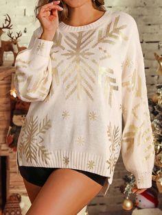 Women's Solid Knitted Knitted Gold Foil Snowflake Print Loose Thickened Autumn And Winter Pullover Sweater Suitable For Halloween, New Year, Valentine's Day, Thanksgiving, Christmas, Easter, National Day, Ball, New Year's Eve Multicolor Casual  Long Sleeve Knitwear Christmas,Plants Pullovers Slight Stretch  Women Plus Clothing, size features are:Bust: ,Length: ,Sleeve Length: Los Angeles Shirt, Christmas Plants, Plus Size Pullover, Snowflake Print, Winter Pullover, Long Sleeve Pullover Sweater, Casual Hat, Plus Size Sweaters, National Day