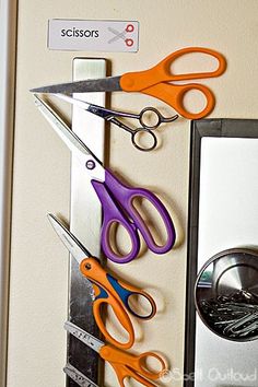 there are several pairs of scissors hanging on the wall next to a mirror and door