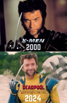 two different pictures with the same caption for each character in this movie, one is deadpool and the other is wolverine