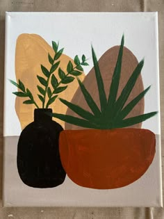 a painting of two vases with plants in them on a white background, one has green leaves and the other is brown