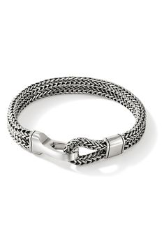 This sterling silver bracelet is handcrafted with a signature woven chain. 8" length (size large) Clasp closure Sterling silver Imported Luxury White Gold Chain Bracelet With Sterling Silver Clasp, White Gold Link Bracelet With Box Clasp, Luxury White Gold Chain Bracelet With Stainless Steel Clasp, Timeless Silver Box Chain Bracelet, Luxury Link Chain Bracelet With Stainless Steel Clasp, Formal Silver Chain Bracelet With Stainless Steel Clasp, Timeless Silver Bracelet With Stainless Steel Clasp, Luxury Sterling Silver Bracelets, Sterling Silver Link Bracelet With Stainless Steel Clasp