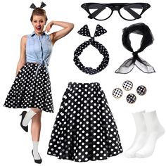 PRICES MAY VARY. 50s Costume Accessories: You will receive 1 vintage 50s skirt, 1 cat eye glasses, 1 sheer chiffon scarf, 1 pair round dangle earrings, 1 pair stud earrings, 1 pair ruffle frilly socks, a whole 50s costumes set satisfies your dressing needs Puffy 1950s Skirt: Classic 50s skirt is made of polyester fabric and elastic waistband, comfy and stretchy to wear, available in polka dot design and poodle skirt design, 5 sizes from S to XXL, suitable for most women and girls Retro 1950s Acc 50s Halloween Costume, 1950s Poodle Skirt, Cj Walker, 1950s Accessories, Polka Dots Skirt, 1950s Costume