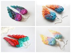 four different colors of hair clips on a white surface, each with an individual's earring