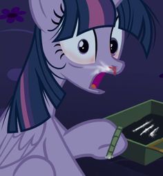 an animated pony with its mouth open and tongue out in front of a box that has writing on it