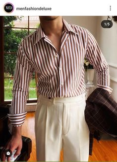 Stripe Shirts, Half Sweater, Striped Shirt Men, Money Outfit, Printed Shirts Men, Chic Shirts, Beige Pants, Formal Outfits