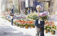 a watercolor painting of a man holding flowers in front of a flower shop with people walking by