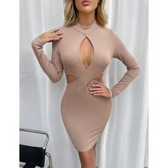 Pink High Collar Hollow Out Long Sleeve Dress Elegant Long Sleeve Mini Dress With Cutout, Spring Long Sleeve Bodycon Dress With Cutout, Long Sleeve Cutout Bodycon Dress For Spring, Spring Long Sleeve Cutout Bodycon Dress, Fall Dresses With Cutout And Long Sleeves, Long Sleeve Cutout Dress For Fall, Long Sleeve Midi Dress With Cutout For Date Night, Long Sleeve Cutout Midi Dress For Date Night, Long Sleeve Cutout Mini Dress For Fall