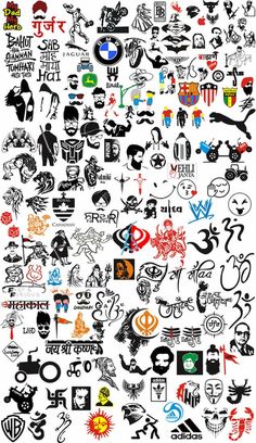 an image of many different types of tattoos on a white background with black and red colors