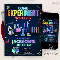 this is an image of a science birthday party with the theme of experiment time on it