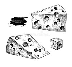 two pieces of cheese and one piece with holes on it hand drawn sketch royalty illustration