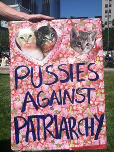 a sign that says pusses against patriachy with two cats on it