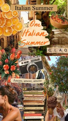 collage with oranges, books and an image of a woman eating ice cream