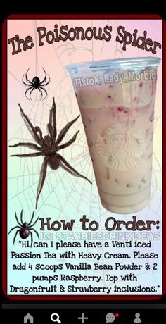 an advertisement for a drink with a spider on the front and bottom, which is labeled how to order