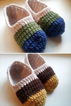 crocheted baby shoes with multi - colored stripes are shown in three different colors