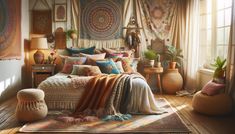 a bedroom with lots of pillows and blankets on the bed, along with rugs