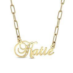 The style is in the spelling with this elegant name necklace. Created in your choice of metal, this Personalized design showcases a name - up to 8 characters in length - sculpted in a cursive font. Diamond accents shimmer along the scrolling capital first letter. Polished to a bright shine, this moniker suspends centered along an 18.0-inch cheval chain that secures with a spring-ring clasp. Customizable Nameplate Necklace For Formal Occasions, Customizable Formal Nameplate Necklace, Formal Customizable Nameplate Necklace, Signature Engraved Nameplate Necklace, Engraved Signature Style Nameplate Necklace, Elegant Yellow Gold Letter Name Necklace, Elegant Yellow Gold Name Necklace, Elegant Engraved Letter Name Necklace, Gold Signature Nameplate Necklace