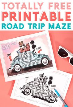 two printable road trip mazes with sunglasses on top and the text, totally free printable road trip maze