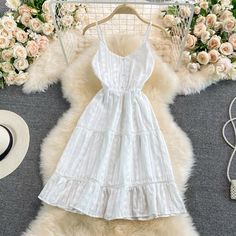 Materials: other Size: M Color: yellow, light green, white Suspender Dress, Yellow Light, Light Green, White Dress, V Neck, Yellow, Green, White, Color