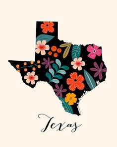 the texas state with colorful flowers and leaves on it's black background, is shown