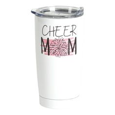 a white tumbler cup with the words cheer mom on it and a pink flower