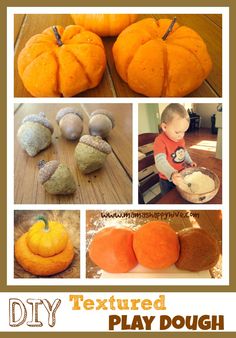 pumpkins and acorns are featured in this collage with text that reads, textured play dough