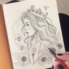 a drawing of a girl with long hair holding a pencil in front of her face