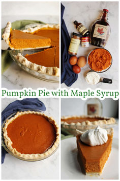 pumpkin pie with maple syrup in the middle and ingredients to make it into a pie